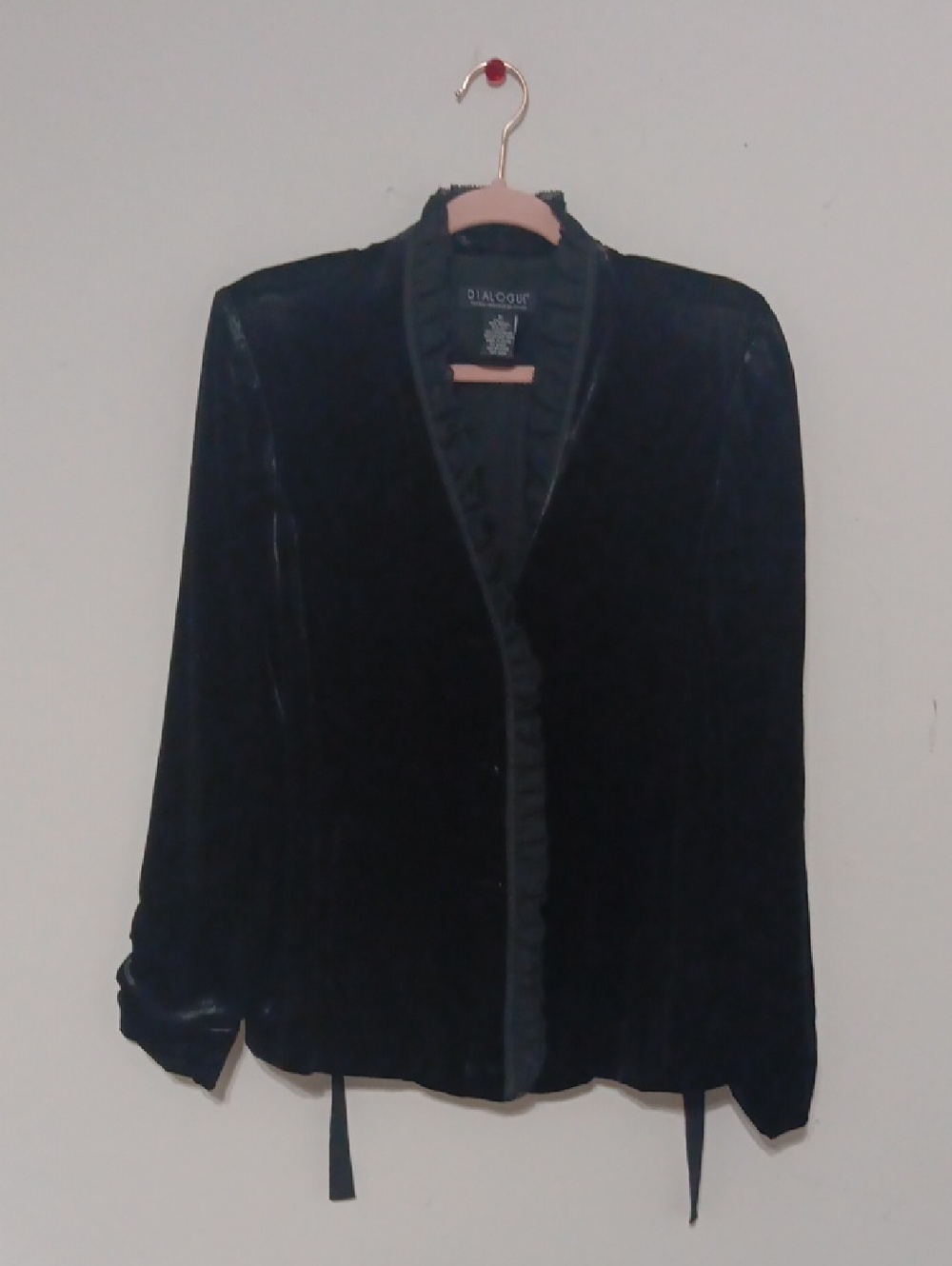 Dialogue Fancy Black Velvet Draped Open-Front Button-down Coat